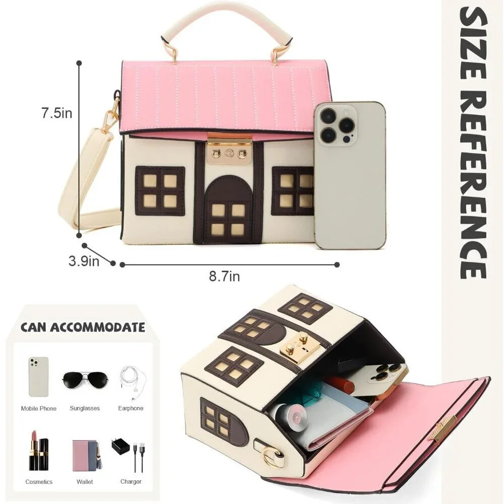 Leather House Shape Purse Women Cute Small Handbag Crossbody Tote